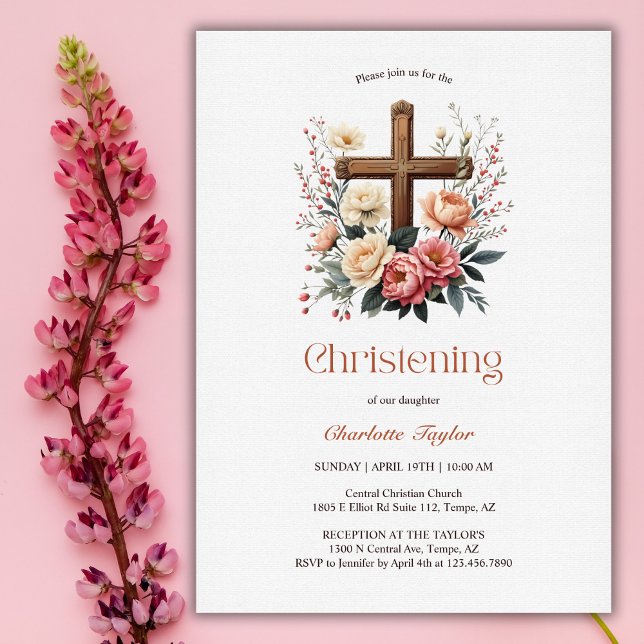 Invitation Religieux Floral Croix catholique (Religious Floral Catholic Cross Girl Christening Invitation)
