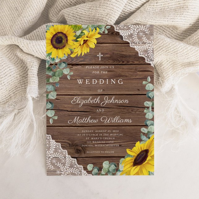 Invitation Religieux Rustique Tournesol Dentelle Mariage (Religious Rustic Sunflower Lace Barn Wedding Invitation)
