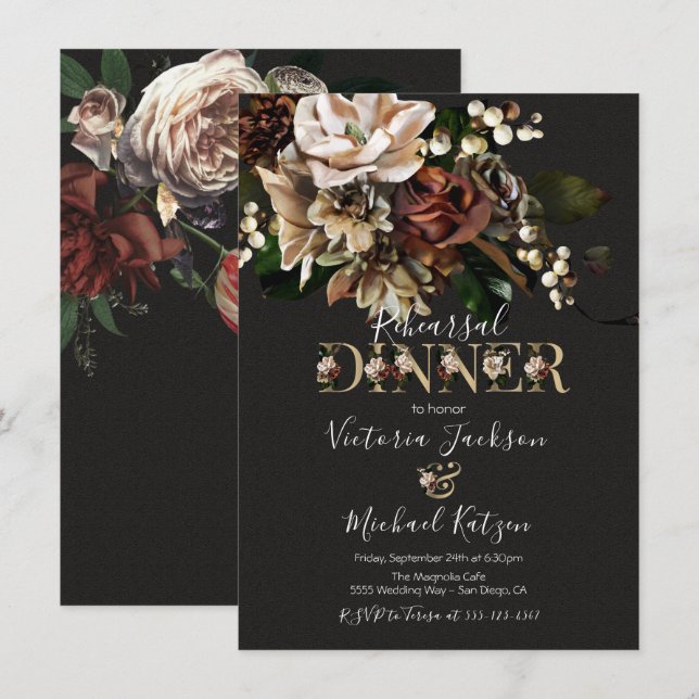 Invitation Rembrandt Floral Dark & Moody Reply Dinner (Devant / Derrière)