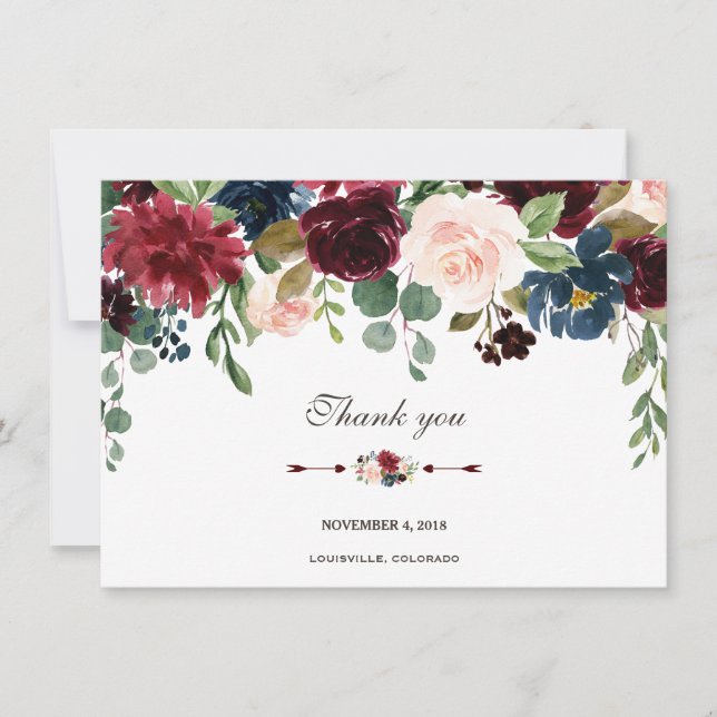 Invitation Remerciement de mariage floral Merlot Navy Blue Ch (Devant)