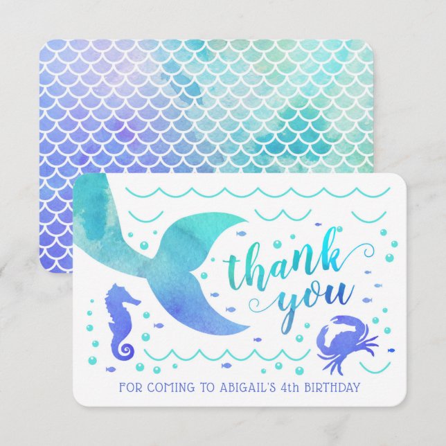 Invitation Remerciement de sirène sous l'eau aquarelle sarcel (Devant / Derrière)
