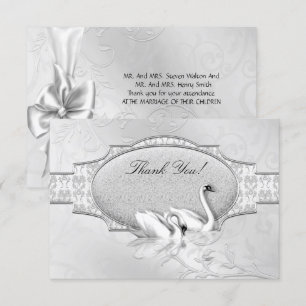 Invitation Remerciement Élégant Mariage Cygnes Blancs Argent 