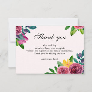 Invitation Remerciement floral. Note de mariage aux fleurs aq