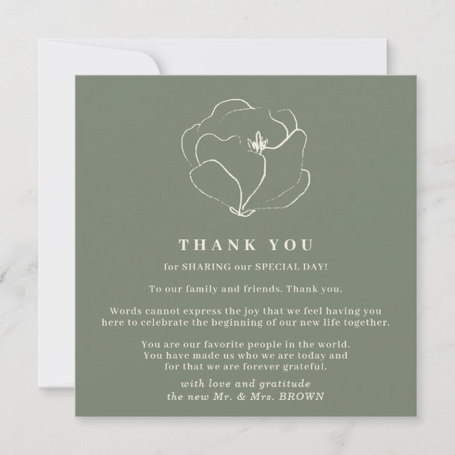 Invitation Remerciement simple Mariage vert Sage Rustique Ind (Devant)