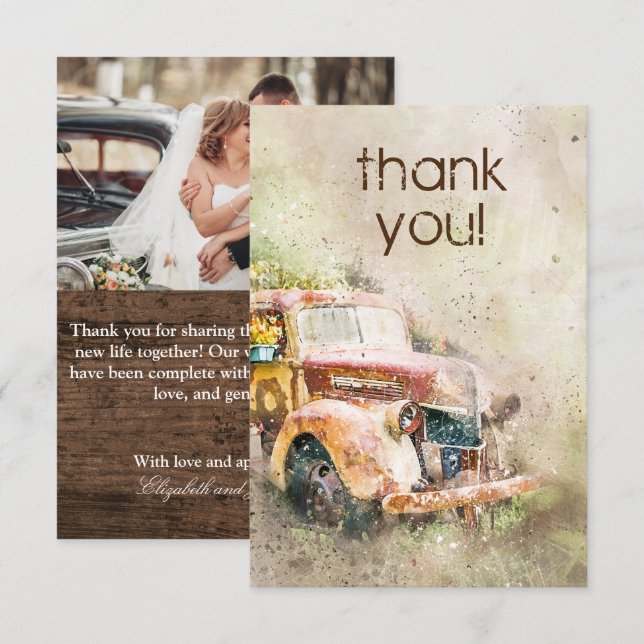 Invitation Remerciements de mariage avec un vieux camion rust (Devant / Derrière)