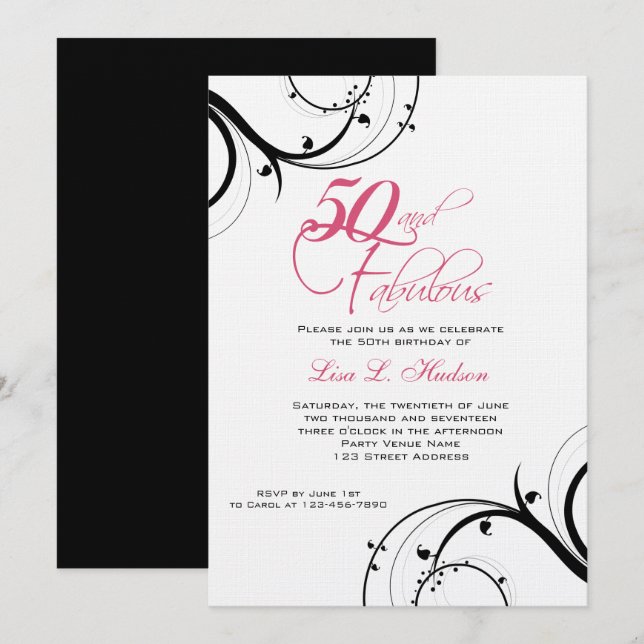 Invitation Remous roses cinquantième de noir et fabuleux ! (Devant / Derrière)