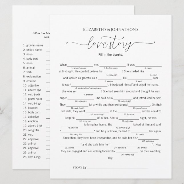 Invitation Remplir dans le jeu de Fête des mariées d'histoire (Devant / Derrière)