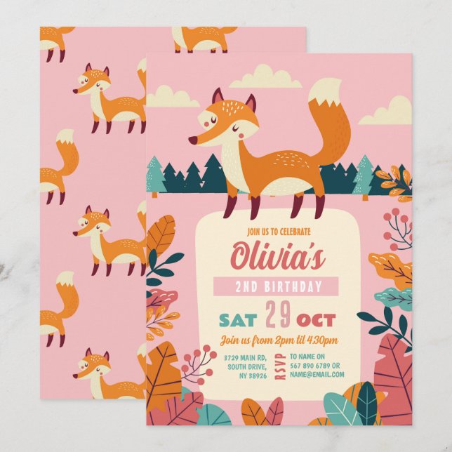 Invitation Renard Anniversaire Forêt Thème Woods Rose Girl (Devant / Derrière)