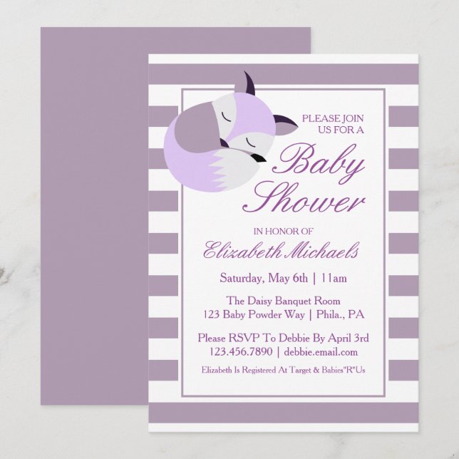 Invitation Renard Baby shower pourpre (Devant / Derrière)