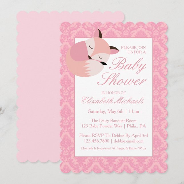 Invitation Renard Baby shower rose (Devant / Derrière)
