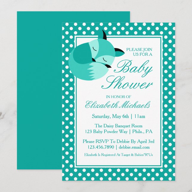 Invitation Renard Baby shower turquoise (Devant / Derrière)