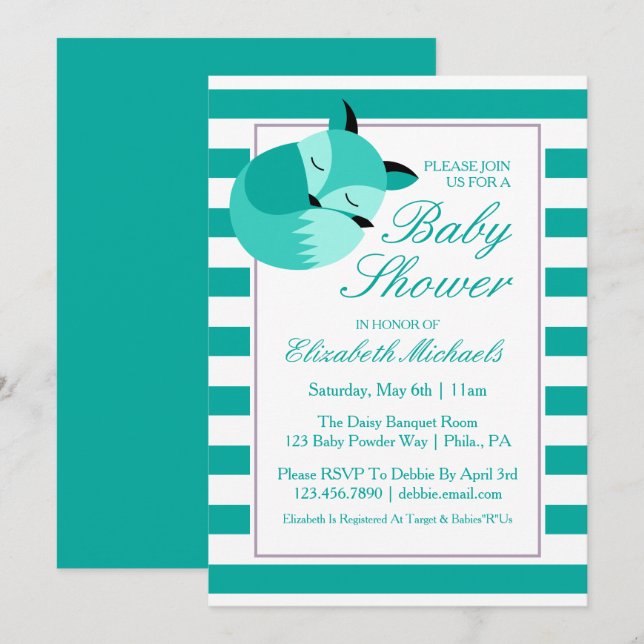 Invitation Renard Baby shower turquoise (Devant / Derrière)