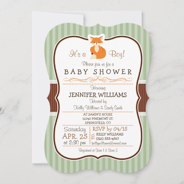 Invitation Renard boisé; Orange, Sage, Baby shower Brown (Devant)