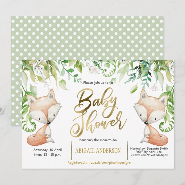 Invitation Renard boisé, Verdure, Faux Gold Baby Boy Douche (Devant / Derrière)