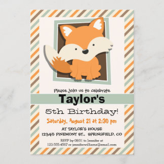 Invitation Renard boisé; Vert sage, Orange, Brown rayures