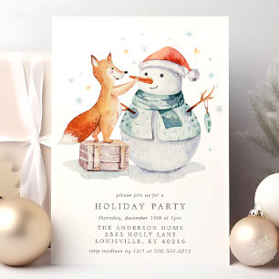 Invitation Renard de Noël aquarelle Bonhomme de neige Fête de