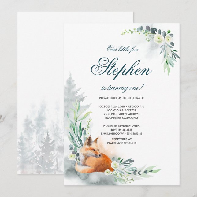 Invitation Renard mou| Fête d'été du printemps des bois (Devant / Derrière)
