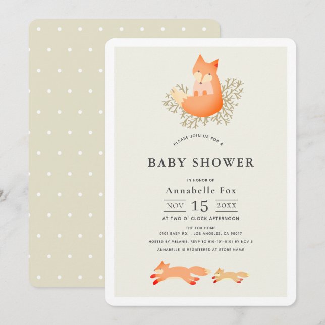 Invitation Renard sur Branche Baby shower beige (Devant / Derrière)