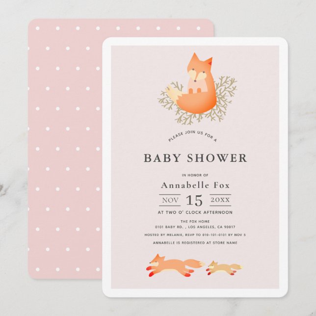 Invitation Renard sur Branche Baby shower fille rose (Devant / Derrière)