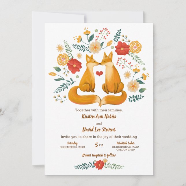 Invitation Renards romantiques et Mariage de feuillage floral (Devant)