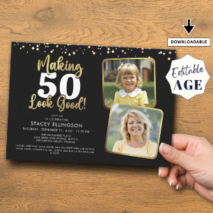 Invitation Rendre AGE Beau 2 Photos Black Gold Anniversaire