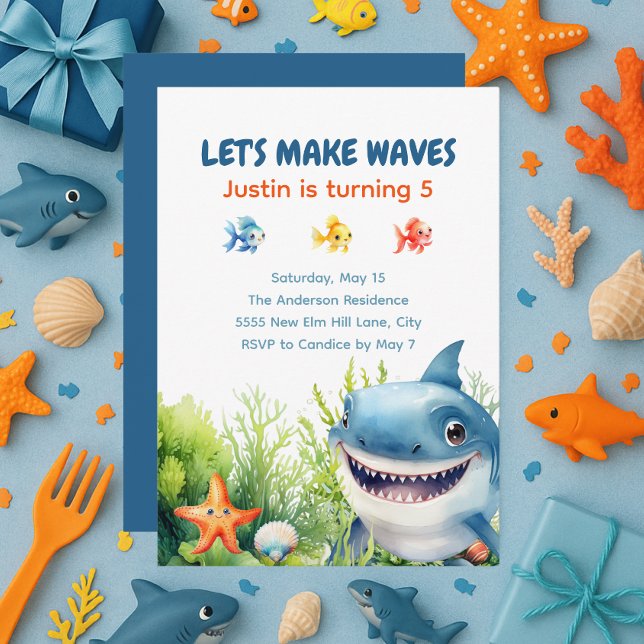 Invitation Rendre les vagues heureux requin sous la mer Anniv (Happy shark under the sea birthday party invitation)
