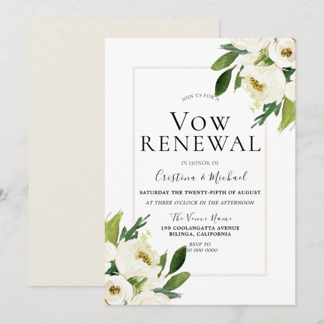 Invitation Renouvellement de Voeux Crème Fleurie Rose Blanche (Devant / Derrière)