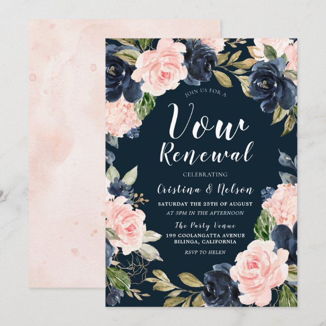 Invitation Renouvellement de vœux de couronne florale marine  (Devant / Derrière)
