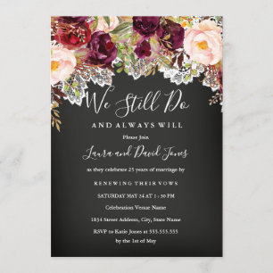 Invitation Renouvellement de vœux de mariage floral bordeaux