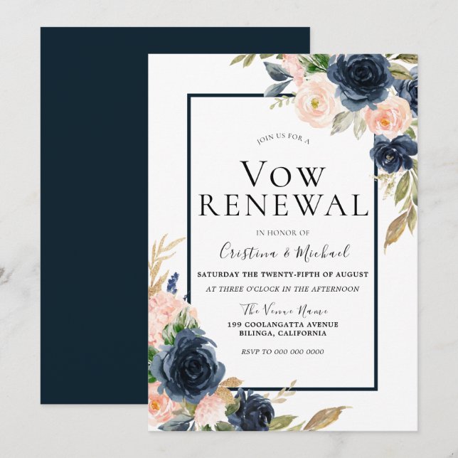 Invitation Renouvellement de vœux élégant floral bleu marine  (Devant / Derrière)