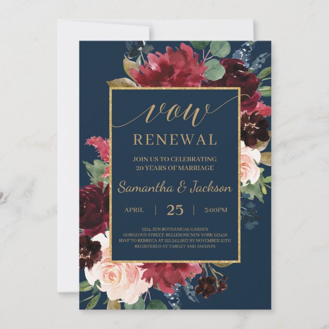 Invitation Renouvellement du voeu floral boho marine bordeaux (Devant)