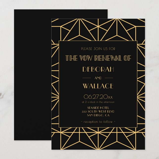 Invitation Renouvellement du voeu mariage art déco des années (Devant / Derrière)