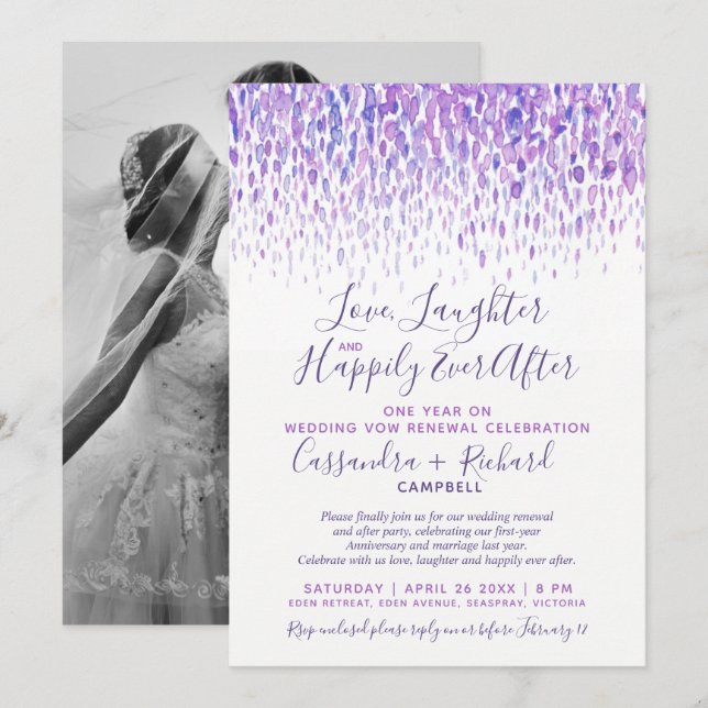 Invitation Renouvellement du voeu mariage violet 1 an après h (Devant / Derrière)