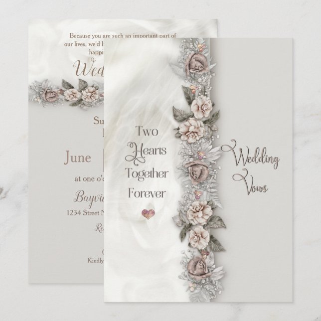 Invitation Renouvellement Mariage Vows DreamFloral Beige Rose (Devant / Derrière)