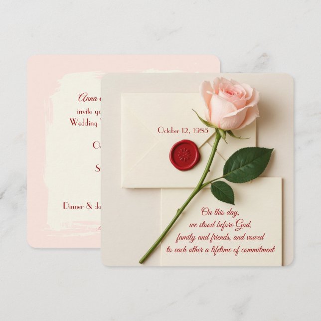 Invitation Renouvellement Vow mariage Rose avec sceau de cire (Devant / Derrière)