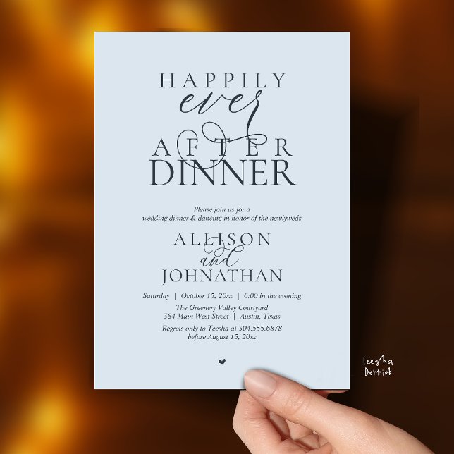 Invitation Repas de mariage Misty Blue Happily Ever After (Happily Ever After Dinner Modern Script Wedding Invitation Card in Misty Blue)