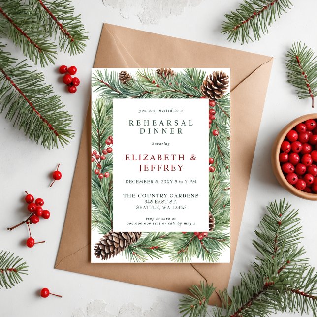 Invitation Repas de Noël de Holly Berries Pine Cone (Holly Berries Pine Cone Christmas Rehearsal Dinner Invitation)