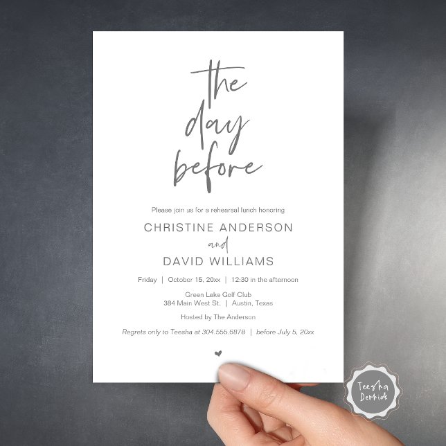 Invitation Repas de répétition moderne, la veille (The day before, Wedding Rehearsal Lunch Invitation Card, Modern Minimalist Script, Dark Grey)