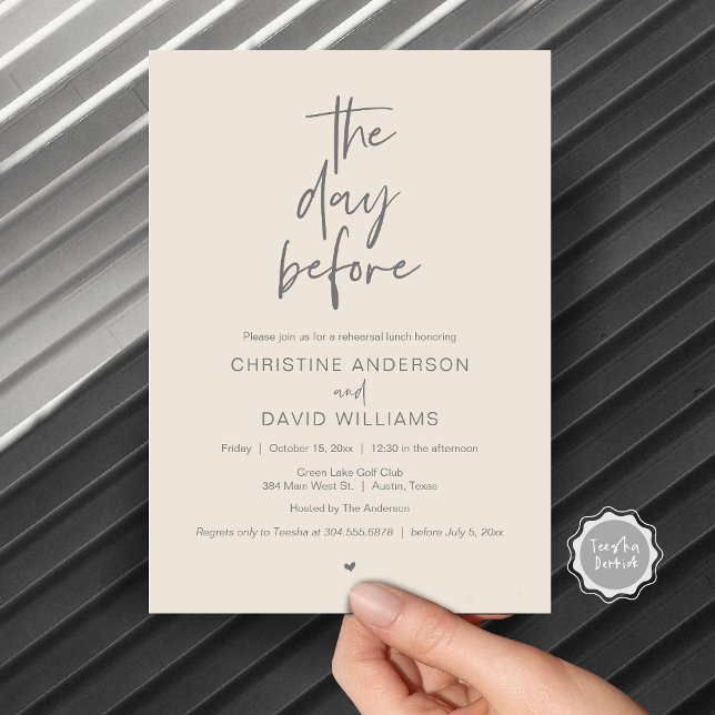 Invitation Repas de répétition moderne, la veille (The day before, Wedding Rehearsal Lunch Invitation Card, Modern Minimalist Script, Grey Cream)