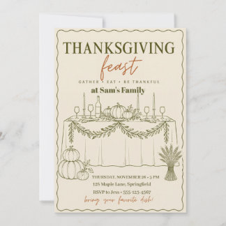 Invitation Repas de Thanksgiving Olive Dessin au Trait Table