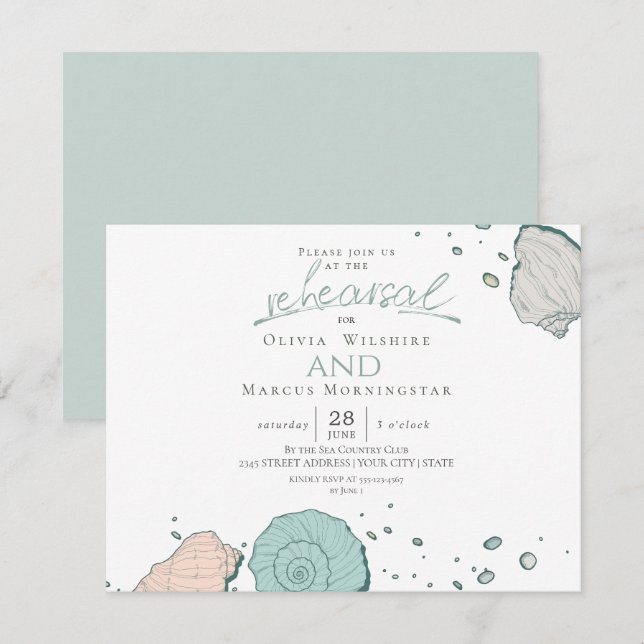 Invitation Répétition | Coquillages modernes Corail et Turquo (Devant / Derrière)