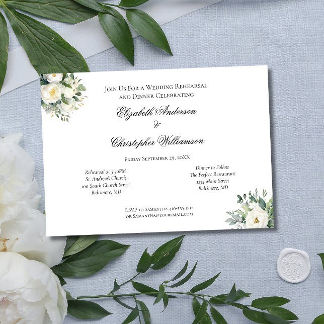 Invitation Répétition des Mariages botaniques de Rose blanche (White Rose Floral Eucalyptus Wedding Rehearsal Dinner Invitation)