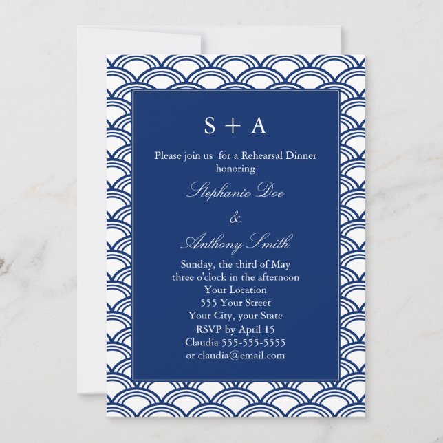 Invitation Répétition du Motif Monogram Royal Blue Seigaiha (Devant)