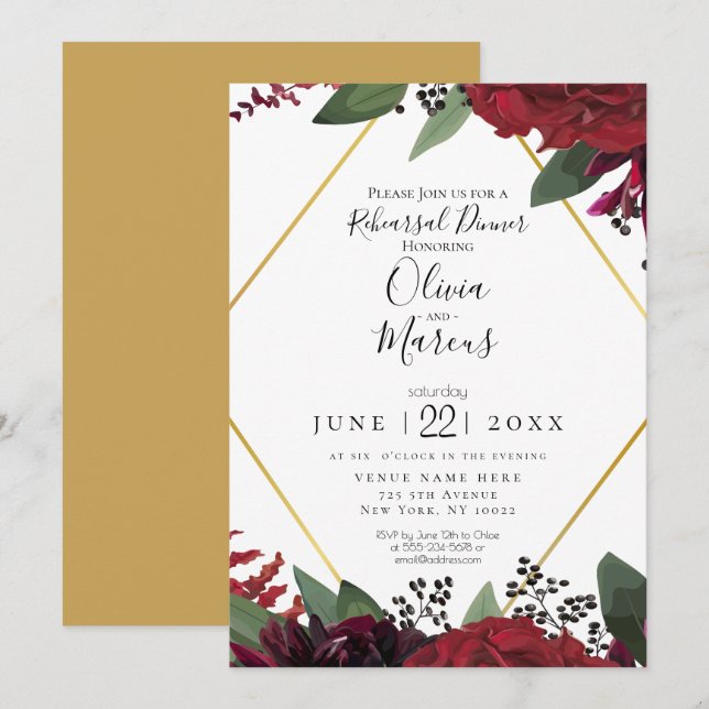 Invitation REPETITION  | Élégant floral bordeaux marsala rich (Devant / Derrière)