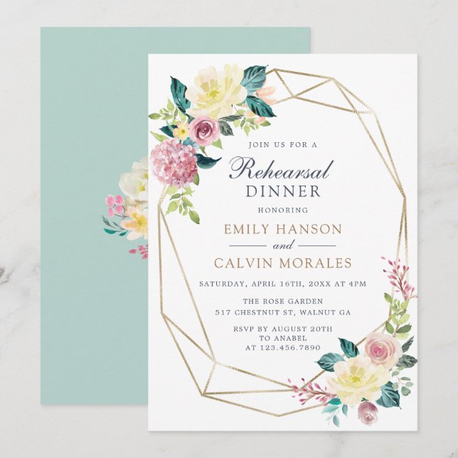 Invitation Répétition en or géométrique Floral Blush Green (Devant / Derrière)
