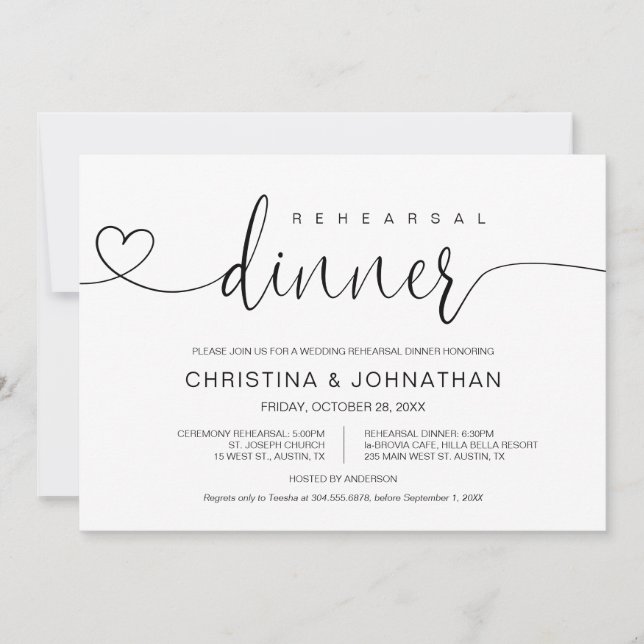 Invitation Répétition et dîner Mariage, calligraphie moderne  (Devant)