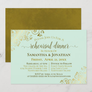 Invitation Répétition et dîner Mariage Gold & Neo Mint Green