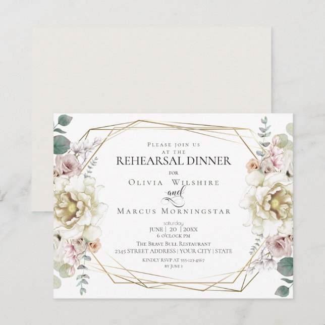 Invitation Répétition mariage | Aquarelle Bleu Peonies (Devant / Derrière)
