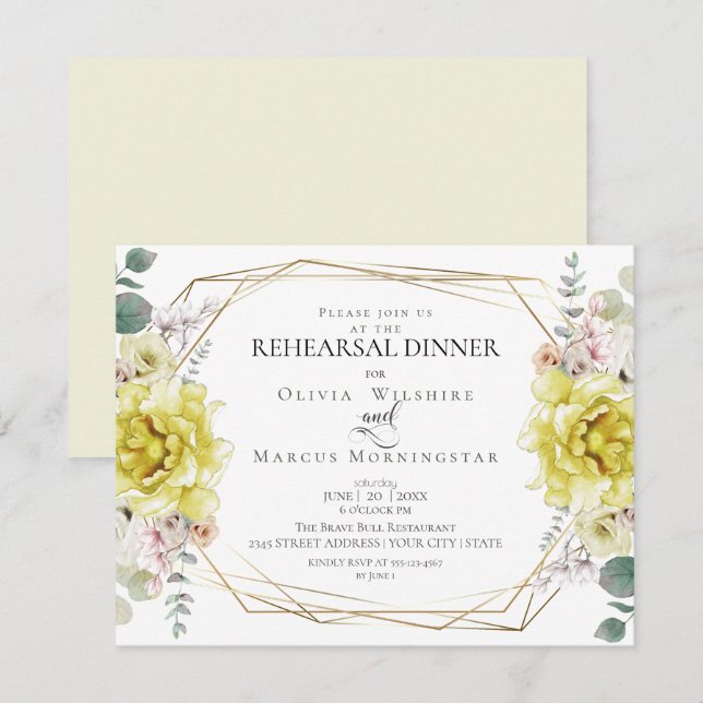 Invitation Répétition mariage | Aquarelle Peonies jaunes (Devant / Derrière)