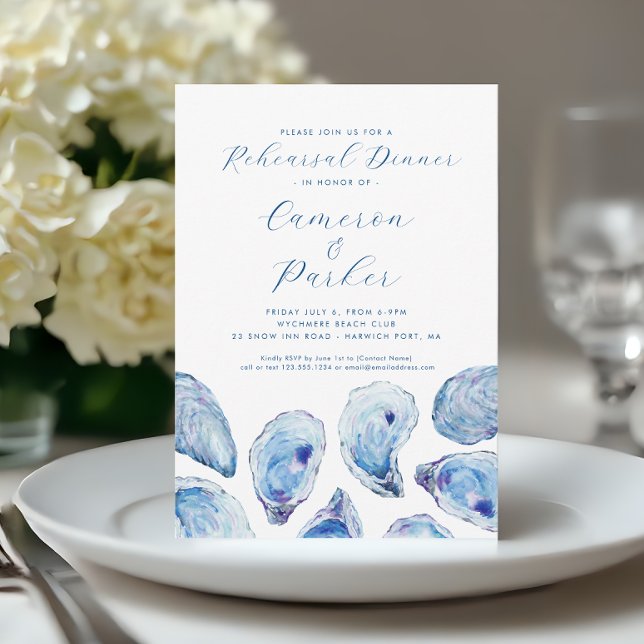 Invitation Répétition Mariage d'huîtres Aquarelle bleue (Oyster Rehearsal Dinner Invitation with elegant blue watercoor oyster shells from Concertina Press)
